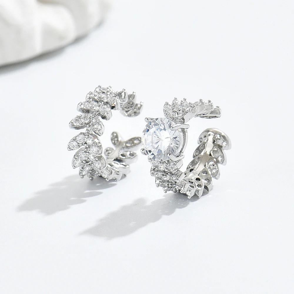 Copper Crystal Leaves Earrings Clip for Women Shiny Round Zircon Ear Clip Personality C-Shaped Earcuff Fake Piercing Jewelry