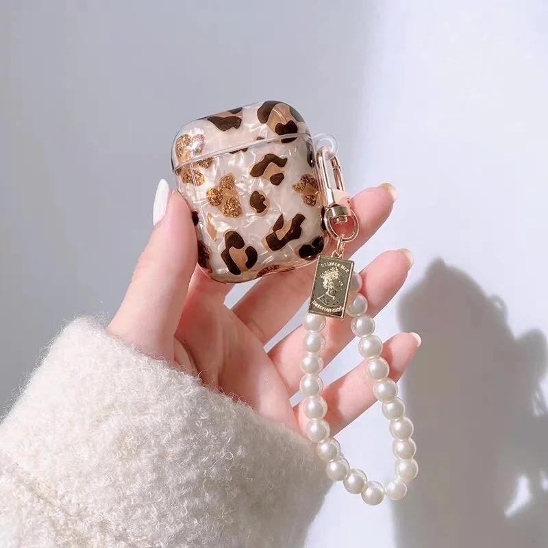 Luxury Leopard Pearl Case for Apple Airpods 1 2 3 Case Bracelet Chain Case for AirPods Pro Retro Case with Lanyard Earphone Box