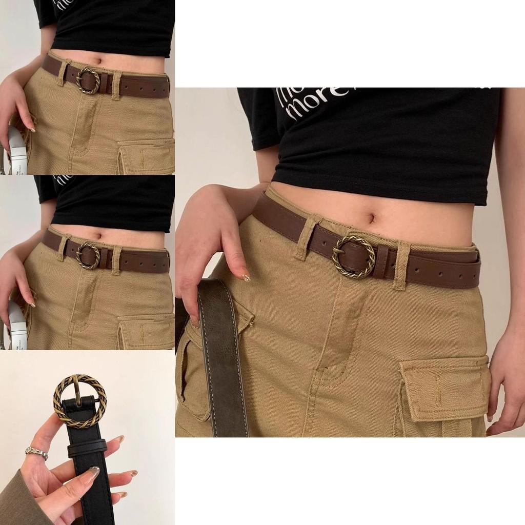 Black And Elegant Brown Pu Belts For Women With Decorative Round Buckles Stock In