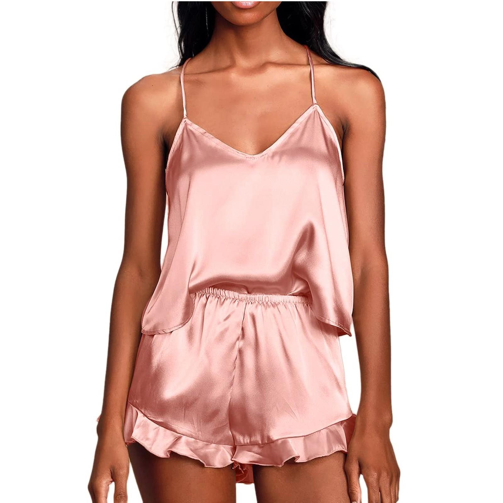 

Женская мода, сексуальные однотонные атласные пижамы на подтяжках из двух частей, одежда для сна S розовый