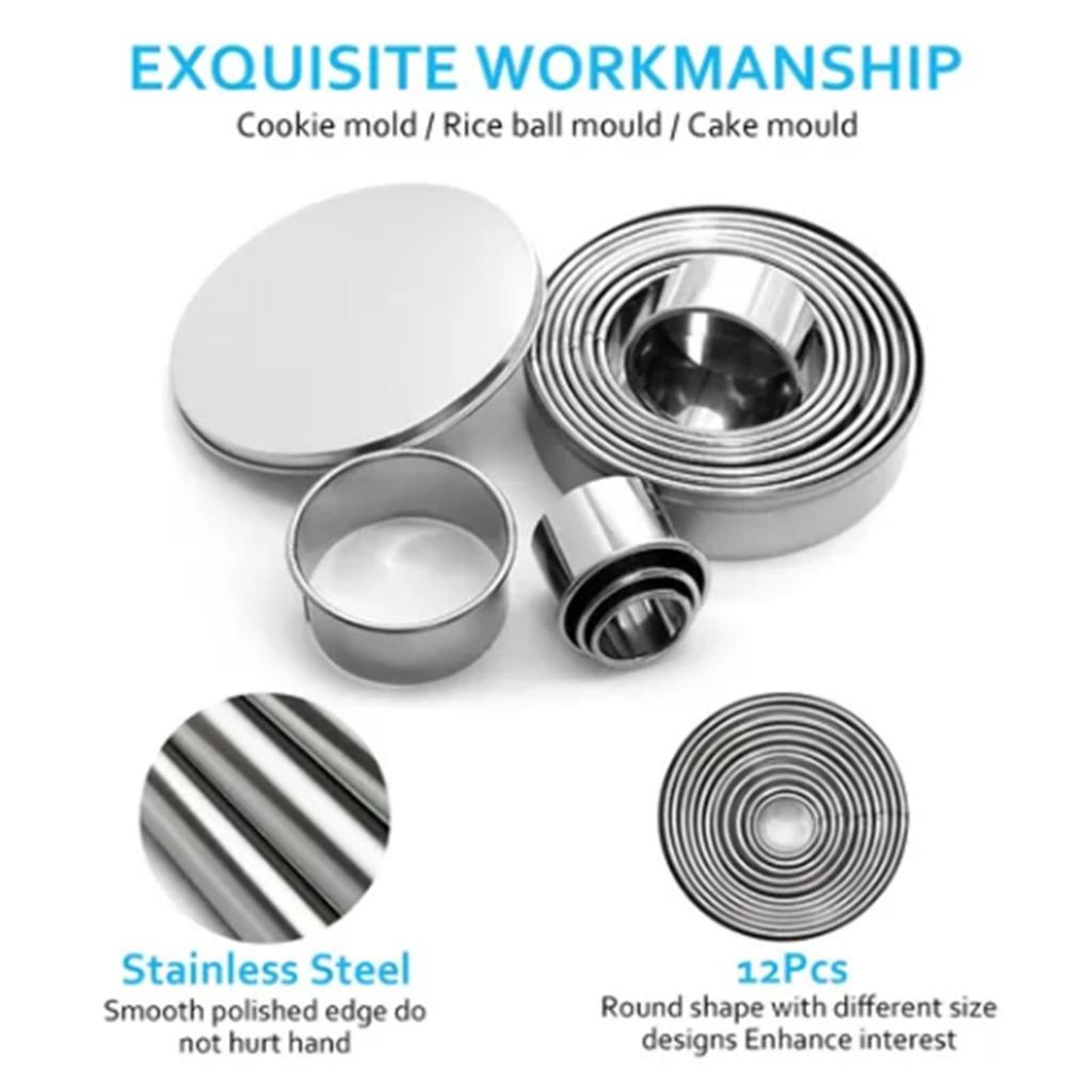 12Pcs Mousse Mold Stainless Steel Curling Edge Antioxidant Round Cookies Cutter for Baking