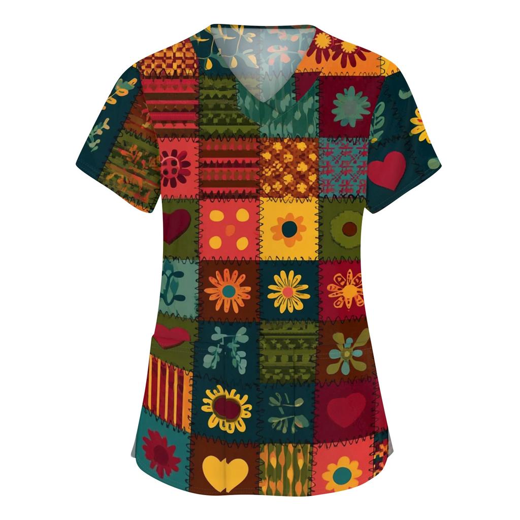 Women's Fashion V-neck Short Sleeve Workwear With Pockets Printed Tops