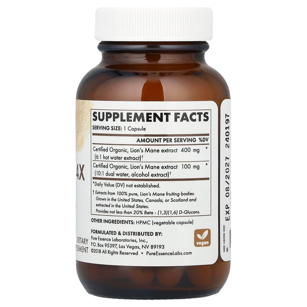 Pure Essence My Pure Lion's Mane Mushroom 4X Veggie Capsules, 30 Count