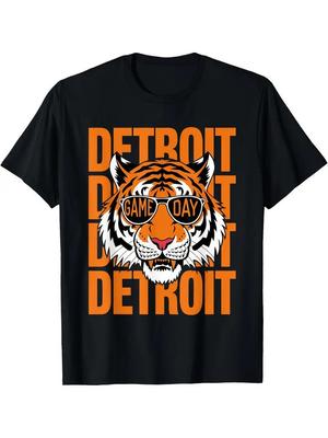 Vintage Detroit Game Day Grafik Baumwoll-T-Shirt - Schwarz mit orangefarbenem Tiger-Design