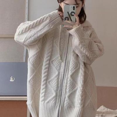 Twist Sweater Women's Autumn and Winter New Retro Loose Lazy Outer Wear Knitted Sweater Hooded Cardigan Jacket