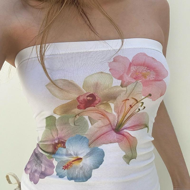 Slim Flower Romantic Interior French Design Printing High Skinny Niche Pure Desire Women's Tube Top Outer Wear