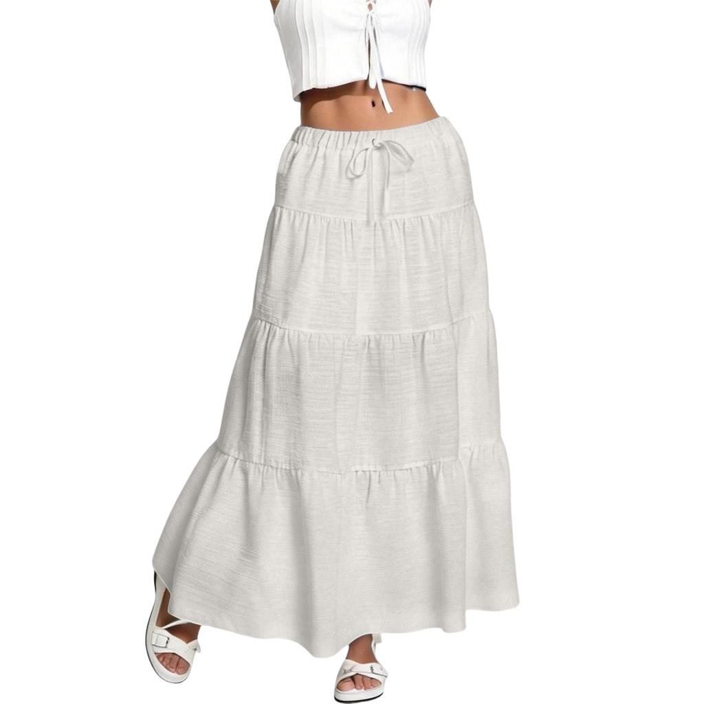 Dámská volánová jarní ležérní dlouhá sukně v jednobarevné barvě, retro skládaná sukně