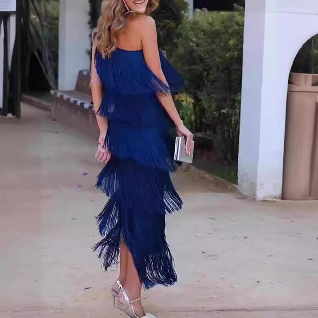  Spring/Summer Asymmetric Tassel Evening Dress - European & American Fashion