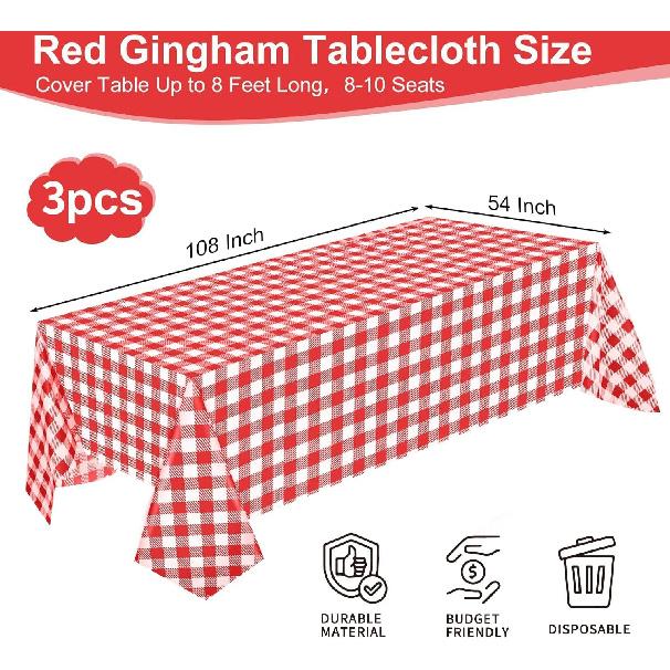 3 Pack Red and White Checkered Tablecloth, 54 X 108Inch Plastic Red Gingham Table Cloth Disposable Spring Picnic Tablecloth Waterproof Red Checkered