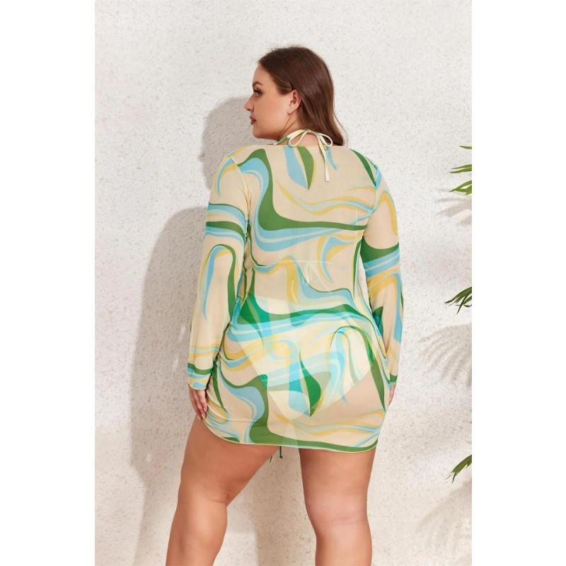 2025 Print 3 Piece Long Sleeve Smock Plus Size Push Up Bikini Women High Waist Big Swimsuit Beach Chubby Bathing Suit