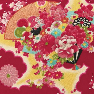 Nippon Chuko Ichigoe Chirimen Yuzen Classic Floral Pattern 73cm Wide X 2m Cut Fabric Pink, Approx.