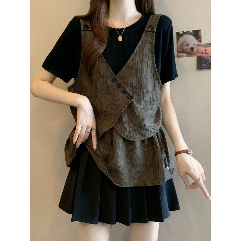Plus Size Summer Patchwork Shoulder Fake Two Pieces Short Sleeve Bottoming Shirt Fat Sister Stylish Niche Style Cinched Slimming Pullover