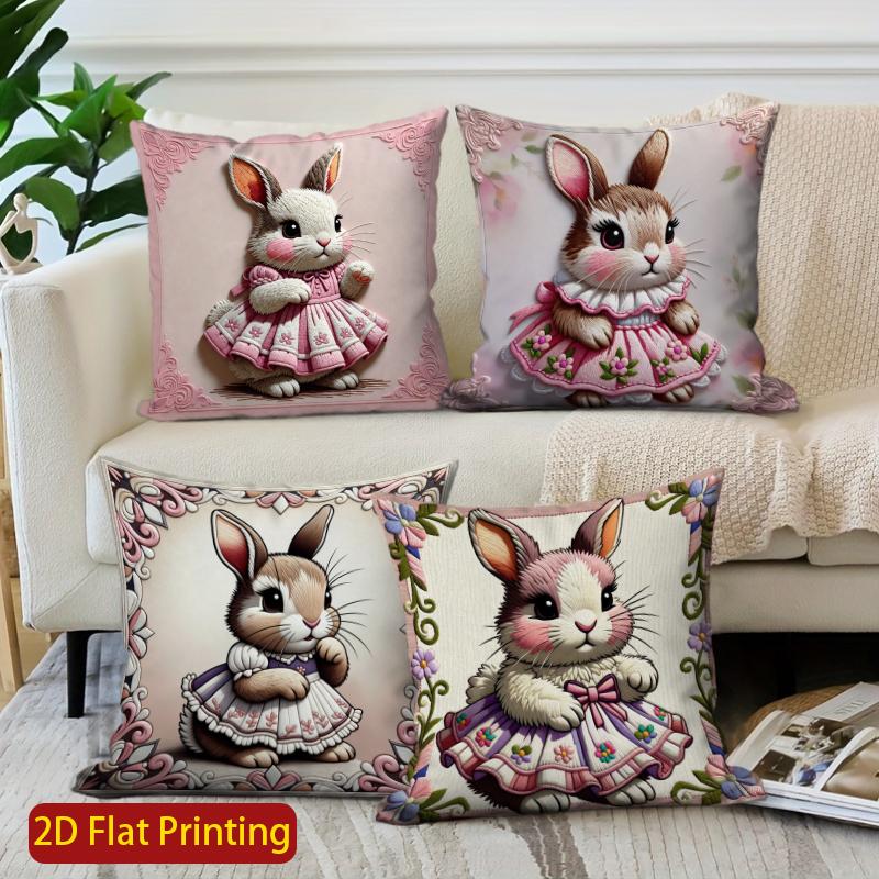 2D Cute Bunny Dressed In Pink Floral Dress Pillow Covers Pattern Cushion Cover Suitable For Sofa Bedroom Car Pillow Cover