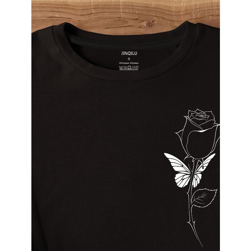Europese maten Rozenprint Ronde Hals T-shirt, Casual Top met Korte Mouwen Voor Lente & Zomer, Dameskleding