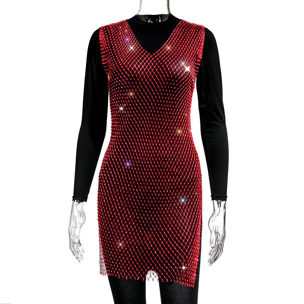 Women's Grid Flash Diamond Fishnet Dress Spice Girl Wind Dress Sex Dress