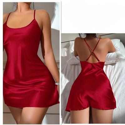 Sevgililer Günü seksi sırt dekolteli buz ipeği slip elbise yaz pijamaları kısa kadın ev elbisesi simülasyon ipek gecelik gündelik gece