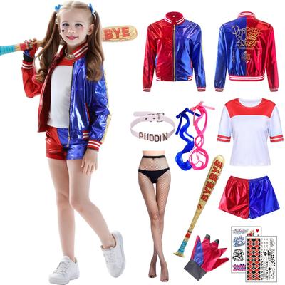 Formemory Kostým Harley Quinn na Cosplay, 8dílná sada s doplňky pro děti i dospělé, Ideální pro kostýmové akce, Vánoce nebo narozeniny (Kabát, Kalhoty, Tričko