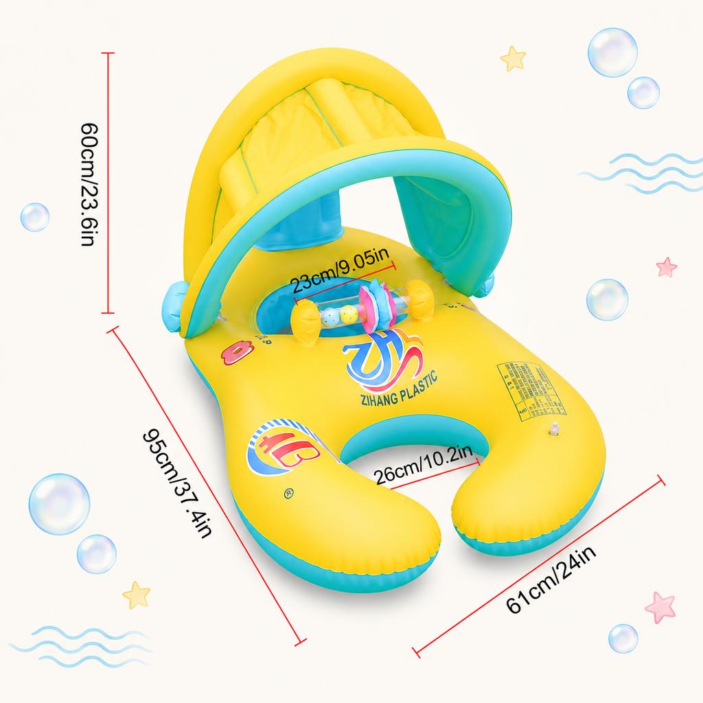 1PC Parent Child Baby Pool Float with Removable Canopy, Inflatable Swim Ring Seat Backrest, Sunshade Water Toy for Swimming Pool
