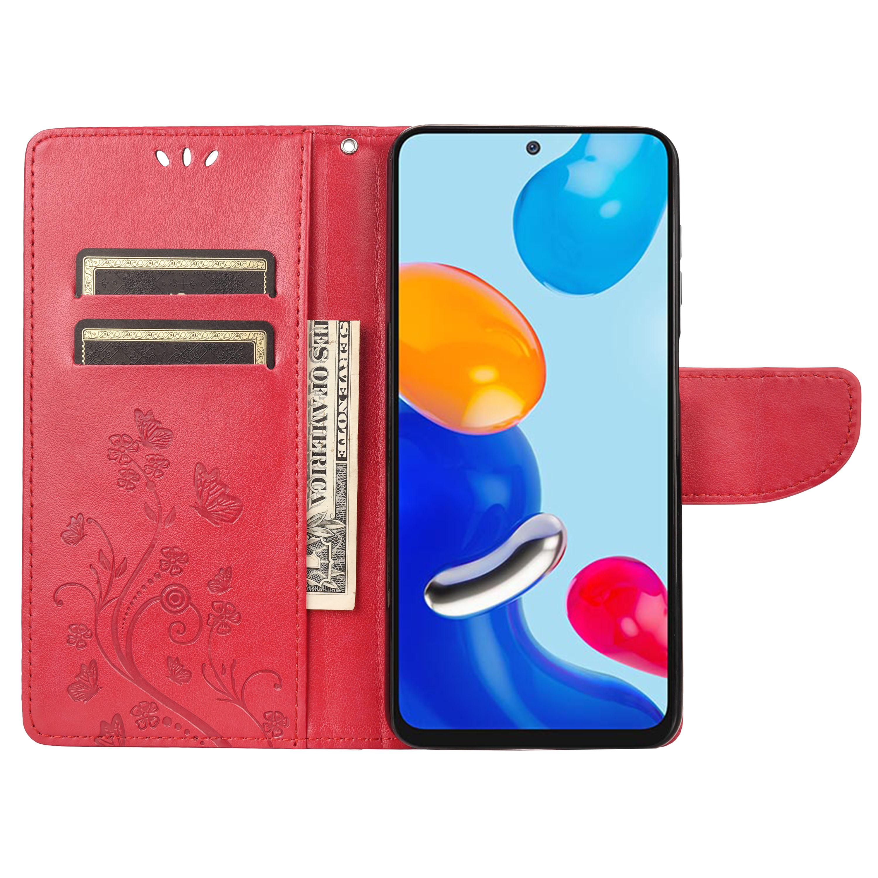 

For Xiaomi Redmi Note 11 4G (Qualcomm)/Redmi Note 11S 4G Imprinted Flowers Butterflies Pattern PU Leather Cover Wallet Stand Phone Case Shell Green