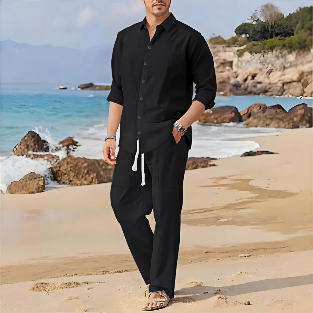 Spring Summer Autumn Men's Casual Long-Sleeved Set Solid Shirt and Pants - Comfortable and Fashionable Two-Piece Set