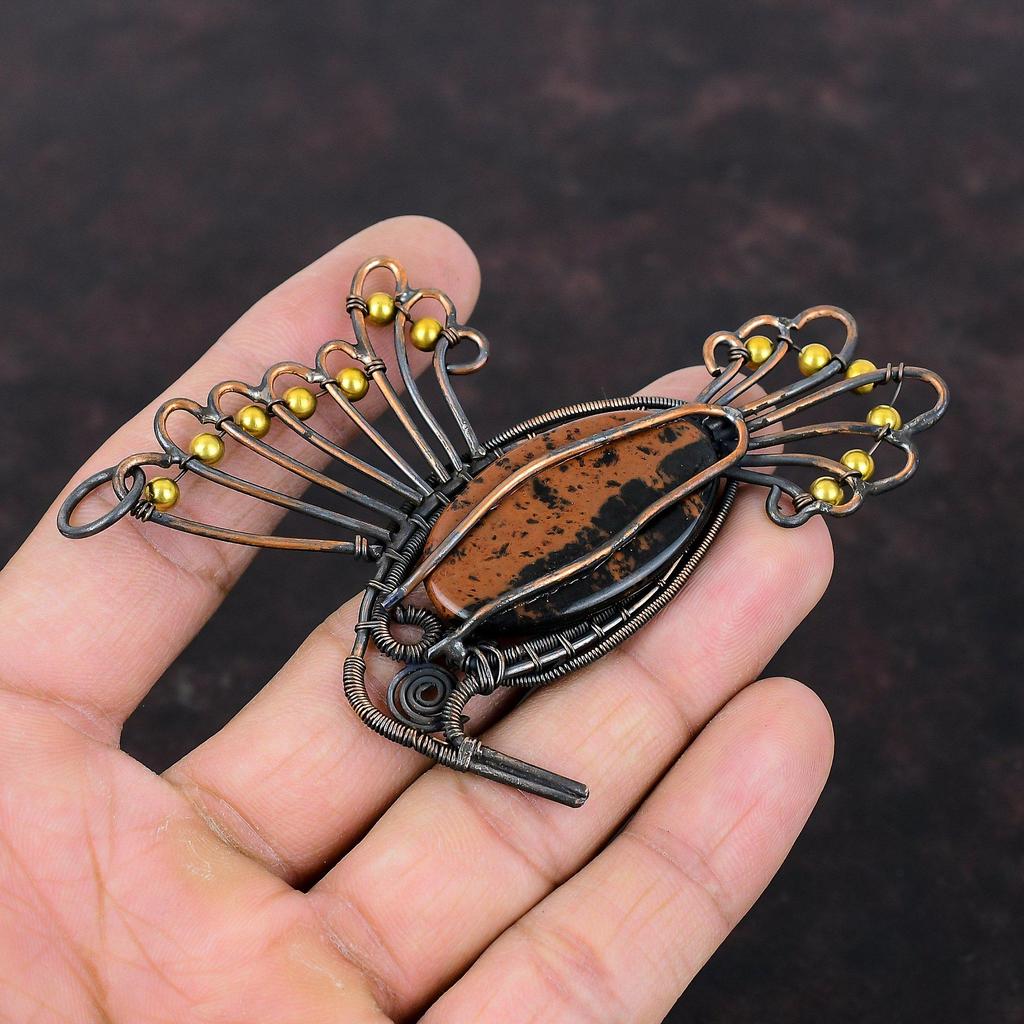 Mahagoni Obsidian Anhänger Kupferdraht umwickelter Anhänger Antik Kupferschmuck Handgefertigt Eleganter Anhänger Edelsteinschmuck Zum Geschenk Vogelanhänger