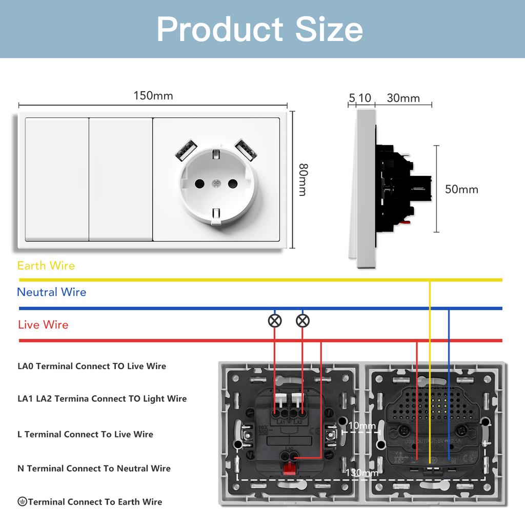 BSEED 1/2Gang Mechanical Light Switches Large Buttons 1Way With EU Socket 2USB Charging Ports Plastic Panel No LED Light White