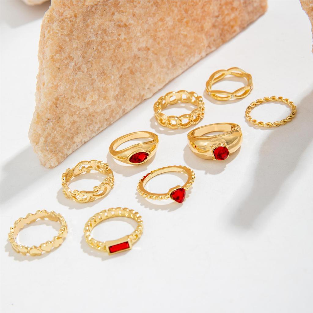 Bohemian Rhinestone Geometric Finger Rings Set For Women Red Crystal Heart Gold Color Chain Shaped Ring Female Party Jewelry