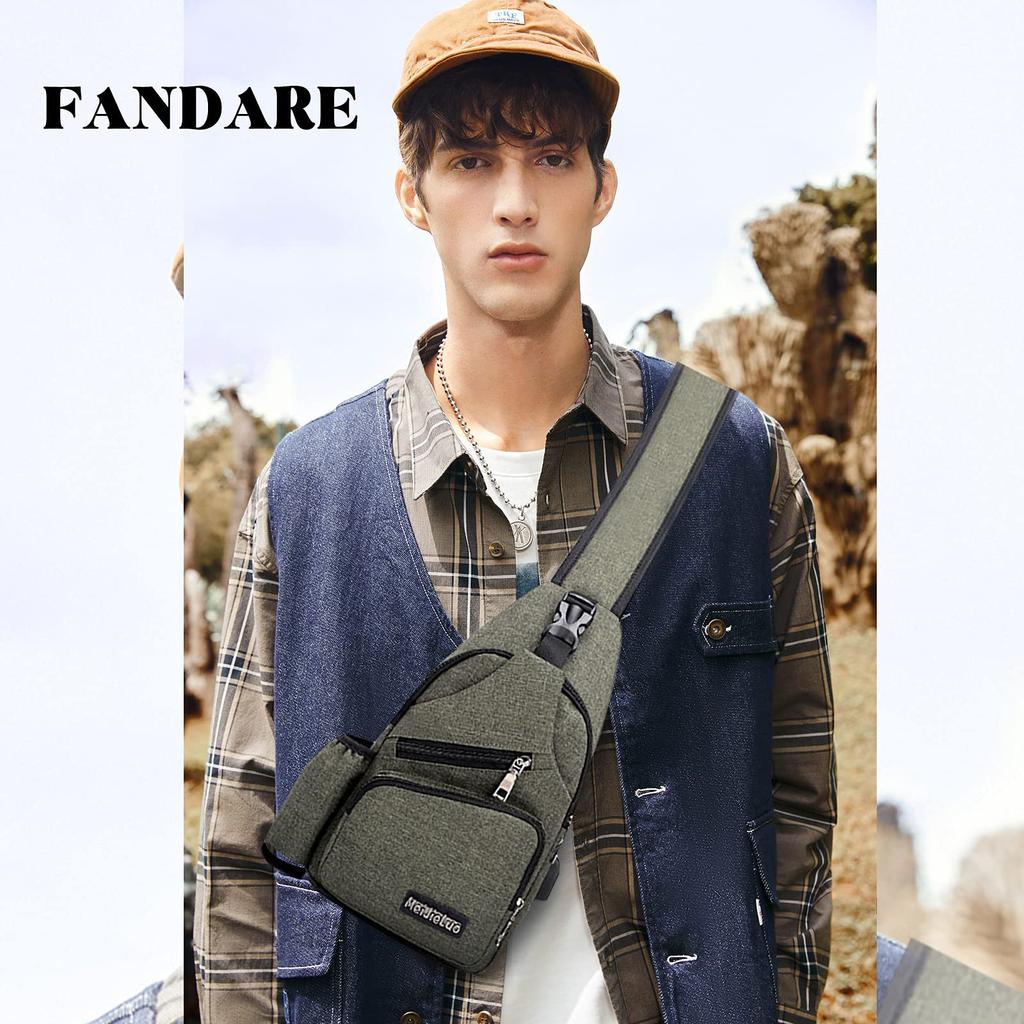 FANDARE Body Bag with USB Side Chest Large Perfect for Green Men's Port, Lightweight, Pockets, One-Shoulder, Bag, Capacity, Multifunctional, Popular,