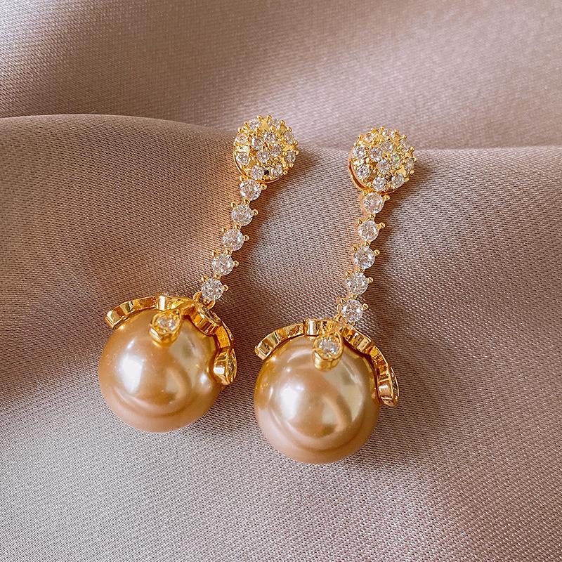 Real gold electroplated zircon flower pearl fringed stud earrings versatile earrings French retro earrings women