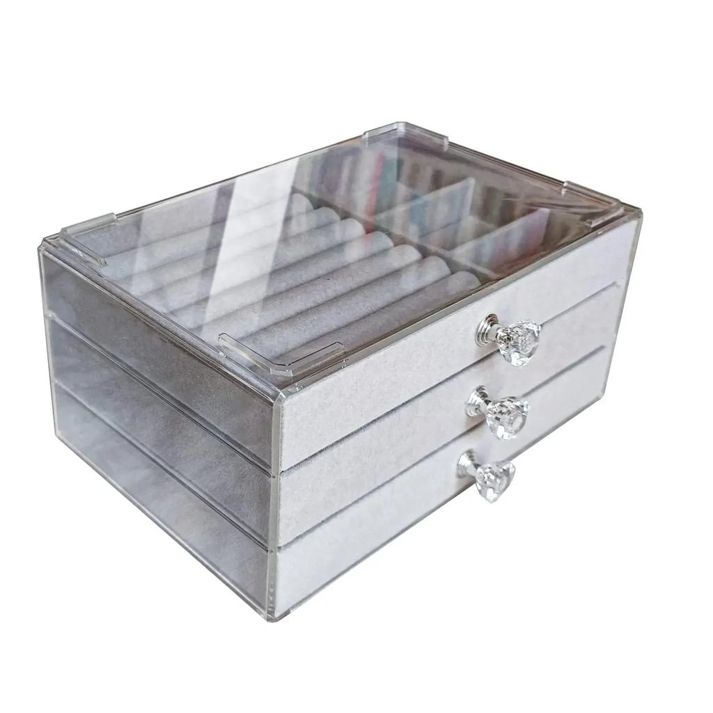 Organizzatore per gioielli in velluto acrilico con 3 cassetti impilabili, espositore per orecchini, collane e bracciali, custodia per donna.