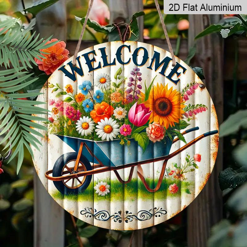 2D Flat 1pc, 8x8 in, Rustic Garden Welcome Sign with Vintage Unicycle & Colorful Flowers - Durable Aluminum Metal Wall Art for Outdoor Patio, Garage