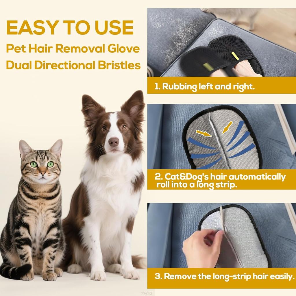 Pet Hair Removal Tool Reusable Static Removal Gloves, Double-Sided Grooming Gloves for Pets, Removes Pet Fur Hair for Carpets
