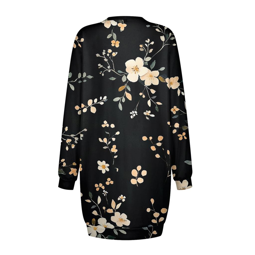 Women's Round Neck Vintage Floral Print Long Sleeve Wrap Dress Sweatshirt Dresses