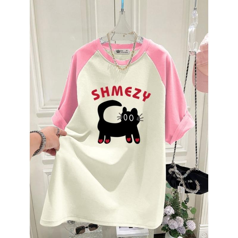 Nova T-shirt de Verão Versão Coreana Gato Desenho Animado Amor Versão Grande Solta Cor Contrastante Manga Raglan Manga Curta para Mulheres