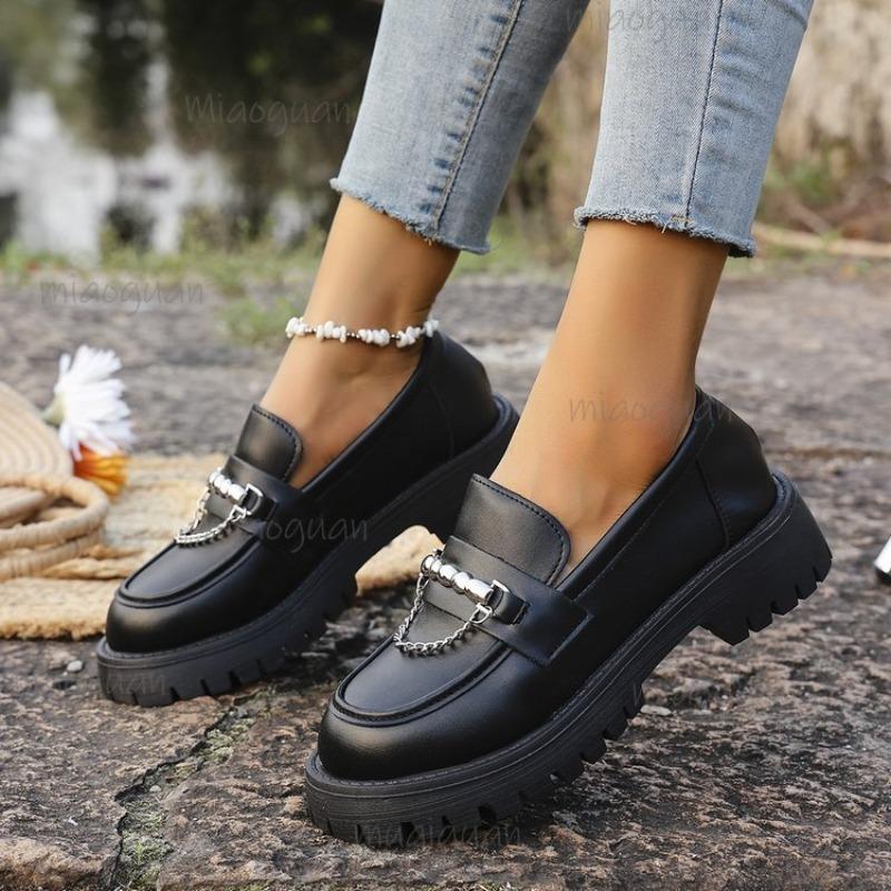 Fashion Metal Chain Platform Loafers Women Thick Bottom Pu Leather Shoes Woman Slip on Black Student Shoes Size 35-43 Zapatos