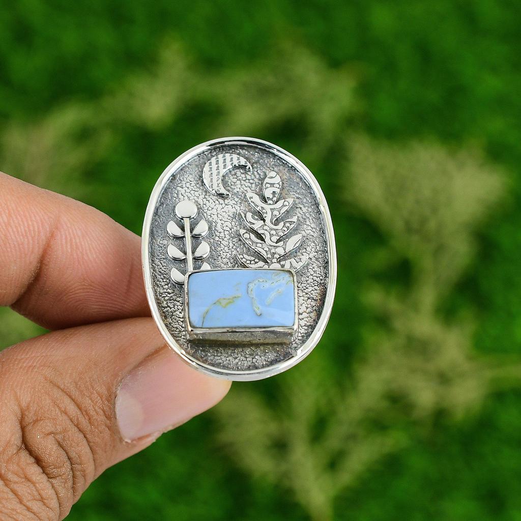 Natural Owyhee Blue Opal Gemstone Promise Adjustable Ring 925 Sterling Silver