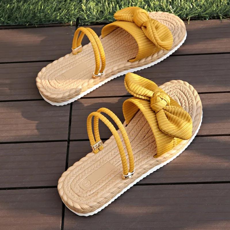 Bow Flats Women Slippers Casual Summer New Woman;s Sandals 2025 Trend Cozy Flip Flops Walking Dress Knitting Mujer Zapatillas