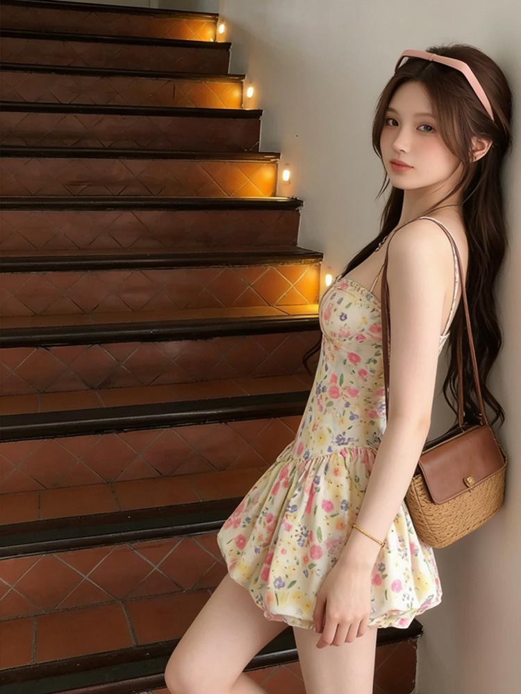 2026 French Floral Slip Dress: Spring/Summer Vacation Style, Waist-Cinched Short Skirt