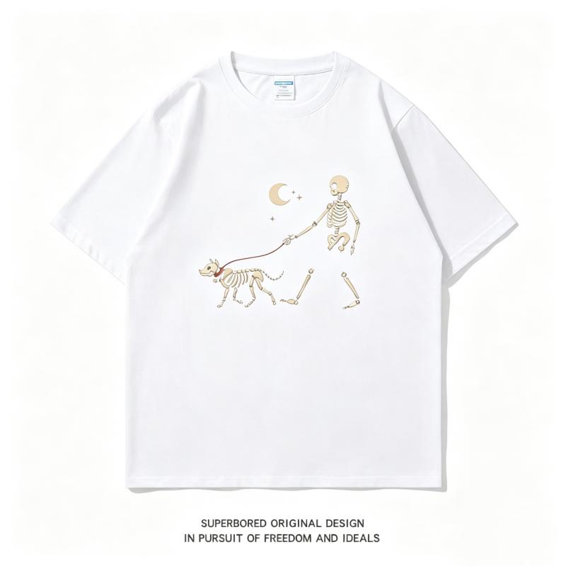 ZAZOMDE Gothic Aesthetic Skeleton Walking Pet Dog Moon Star Printed Short Sleeve Tshirt Unisex Breathable Cotton Casual Tee