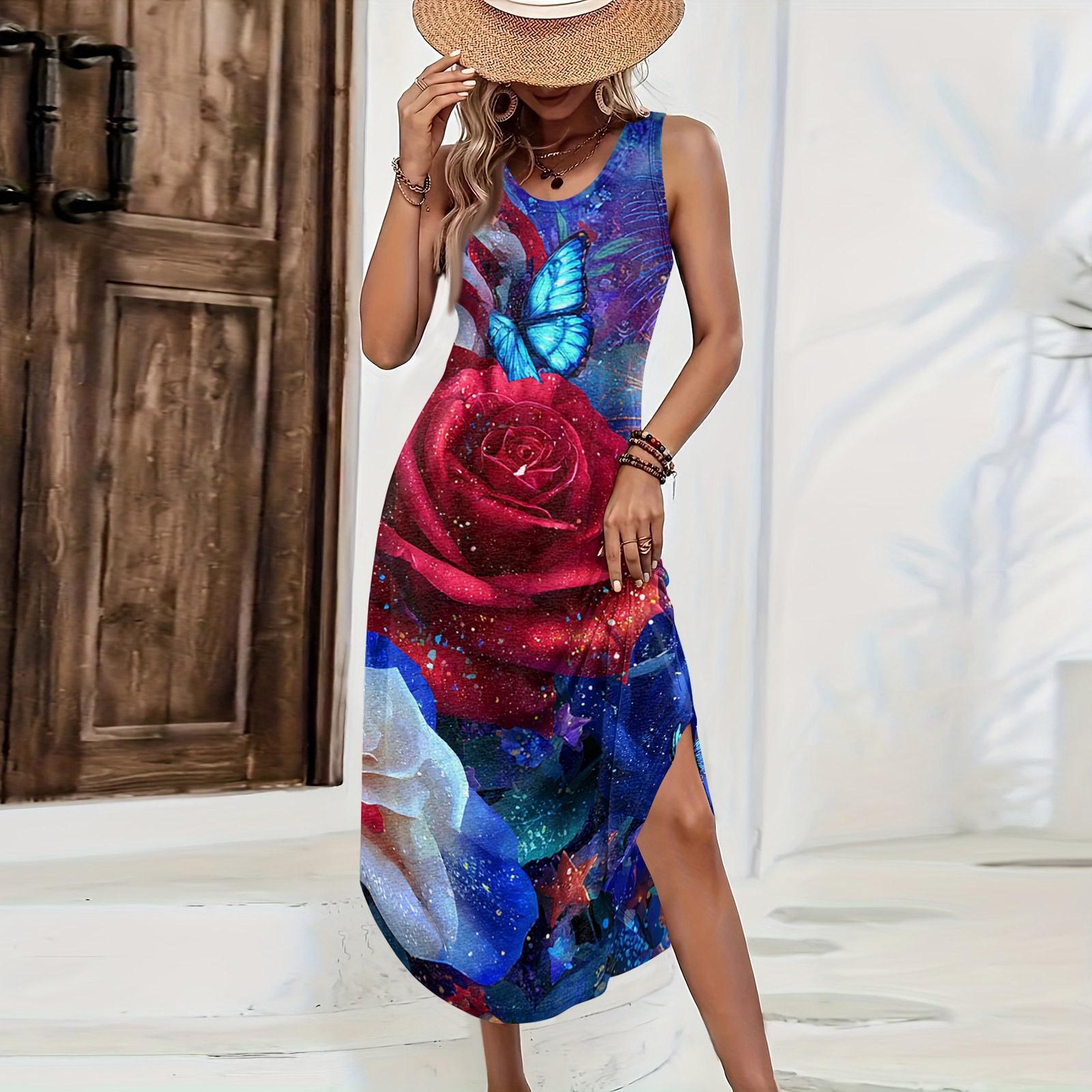 

Women Casual Loose Sleeveless Long Dress with Independence Day Print Summer Holiday Beachwear Maxi Dress for Daily Wear XXXL синий