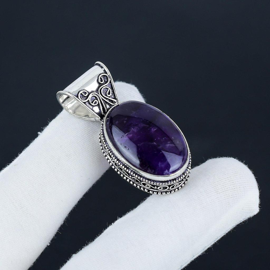 Natural Amethsyt Gemstone Silver Pendant in 925 Sterling Silver - Handmade Oval Design, Everyday Wear Jewelry Burthday Gift
