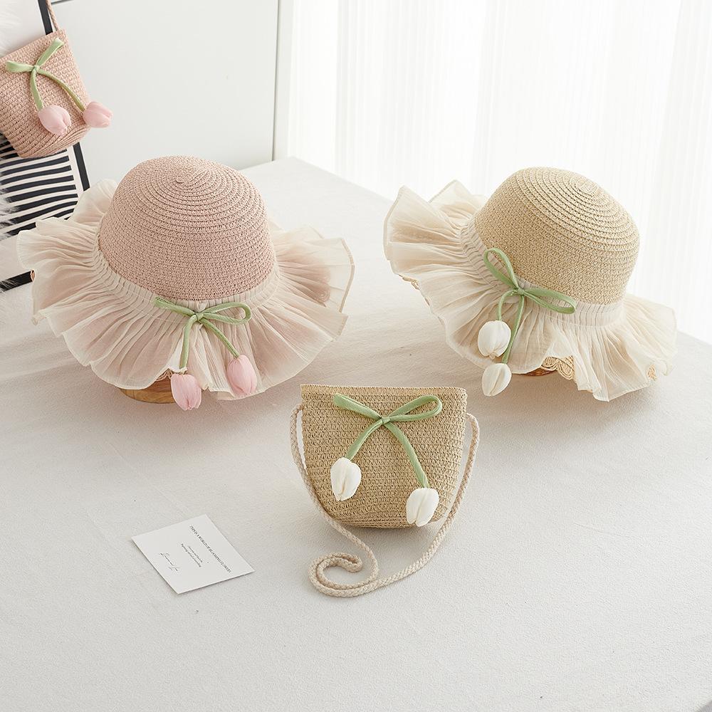Girl Summer Straw Sun Hat And Bag 2pcs/set Breathable Wide Brim Beach Cap Children Girls Bucket Hat for Sun Protection