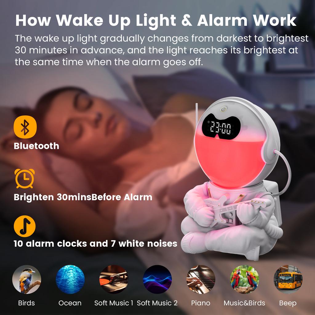 Sunrise Simulation Alarm Clock, Astronaut Design with 7-Color Light & Nature Sounds - Gentle Wake-Up, Dual Alarm, Night Light