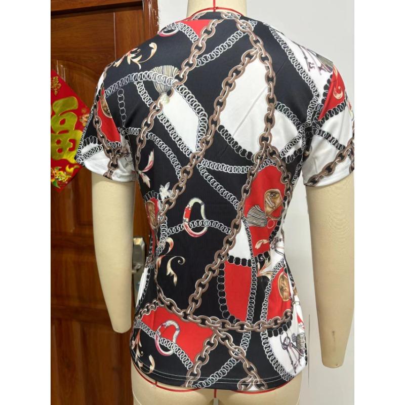 Summer V-neck 3D Printed Chain Pattern Top Fashionable Casual Short Sleeved Women's T-shirts