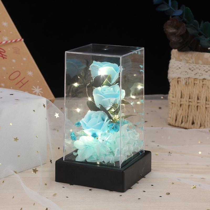 Light Up Rose in Acrylic Box Handmade Rose Flower with Led Light Preserved Flower Artificial Flower Ornament Home Decors
