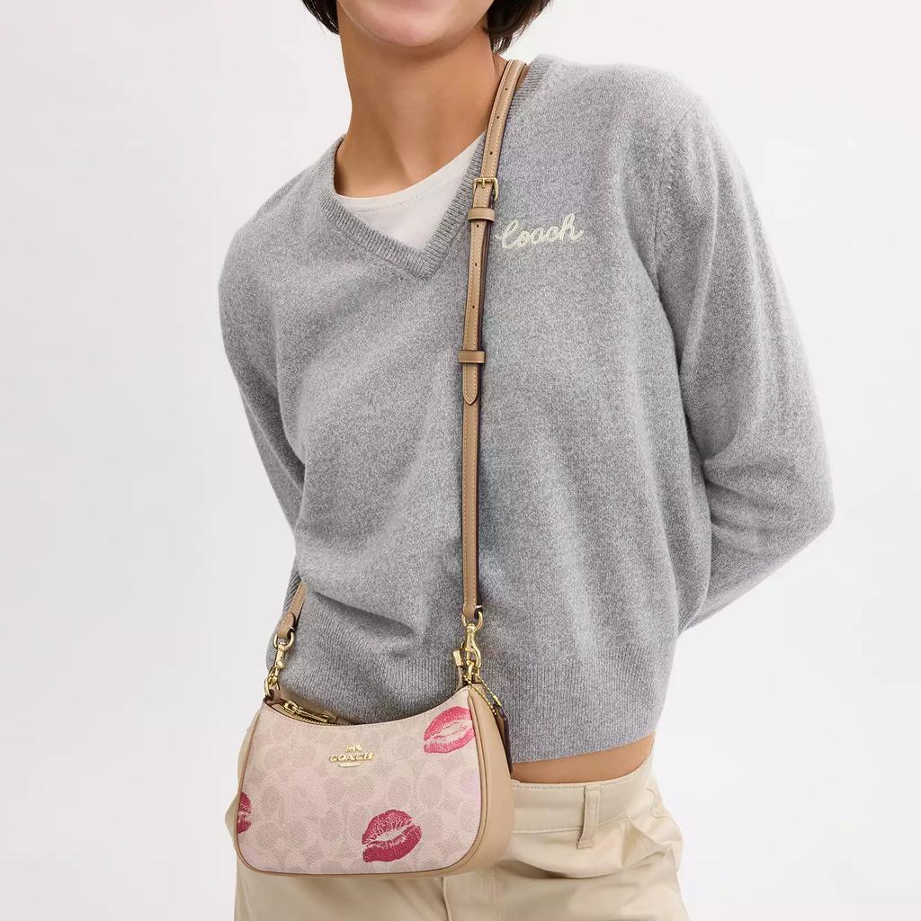 Coach Teri Lips 20 Impression de Lèvres Poignée Amovible Toile Enduite Sac Bandoulière sous le Bras Petit Sacs Femme Beige Multicolore CZ943-IMSAS