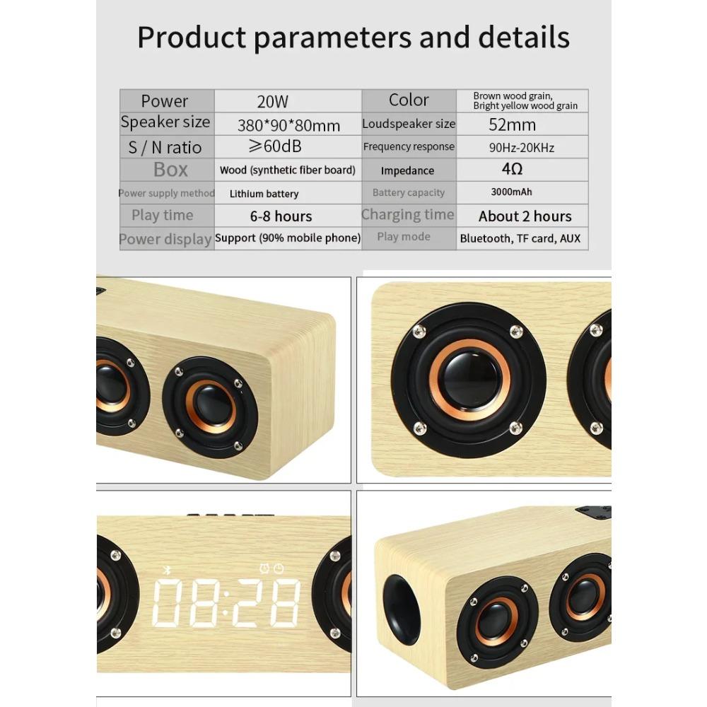 Wooden Soundbar Bluetooth Speaker Music Acoustic System 40W HIFI Stereo Music Surround LED Display Outdoor Speaker With FM Radio