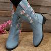 Flower Embroider Mid Calf Cowboy Boots Women  Autumn Chunky Heels Western Boots Woman Plus Size Pointed Toe Denim Long Boots