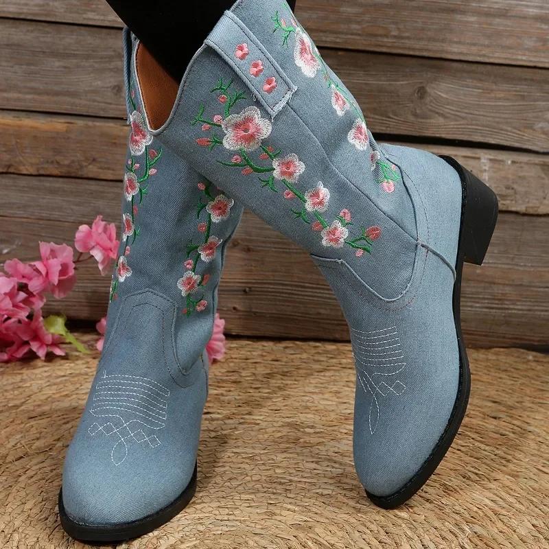 Flower Embroider Mid Calf Cowboy Boots Women Autumn Chunky Heels Western Boots Woman Plus Size Pointed Toe Denim Long Boots