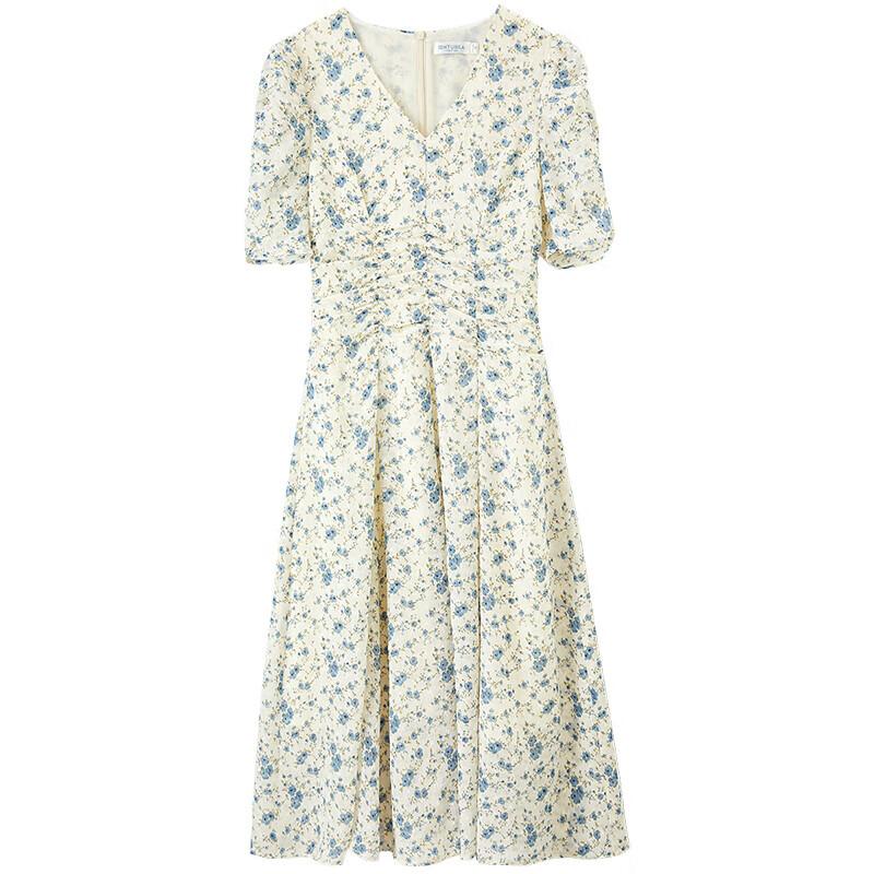 Sentubila Summer French Floral Print Dress with Puff Sleeves